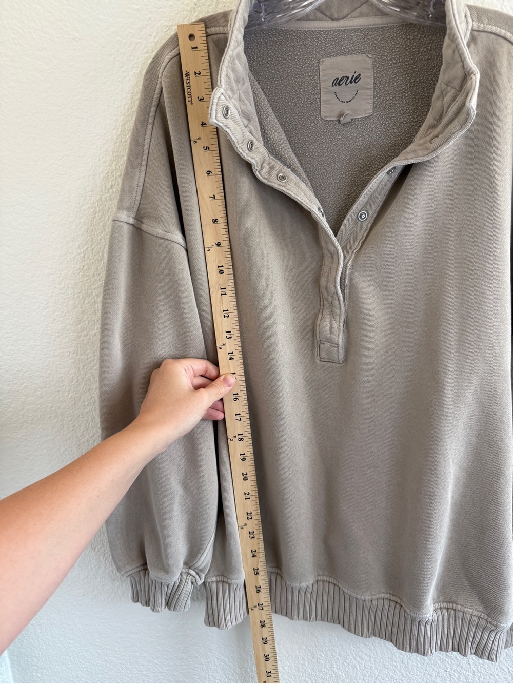 aerie oh snap Sweatshirt in Taupe with a Quilted Collar, Snap Henley Funnel Neck - Picture 12 of 12